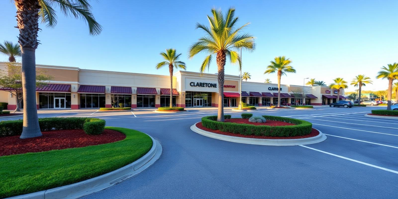 Manicured turf islands, trimmed hedges and mulch beds at a Jacksonville, Florida shopping center