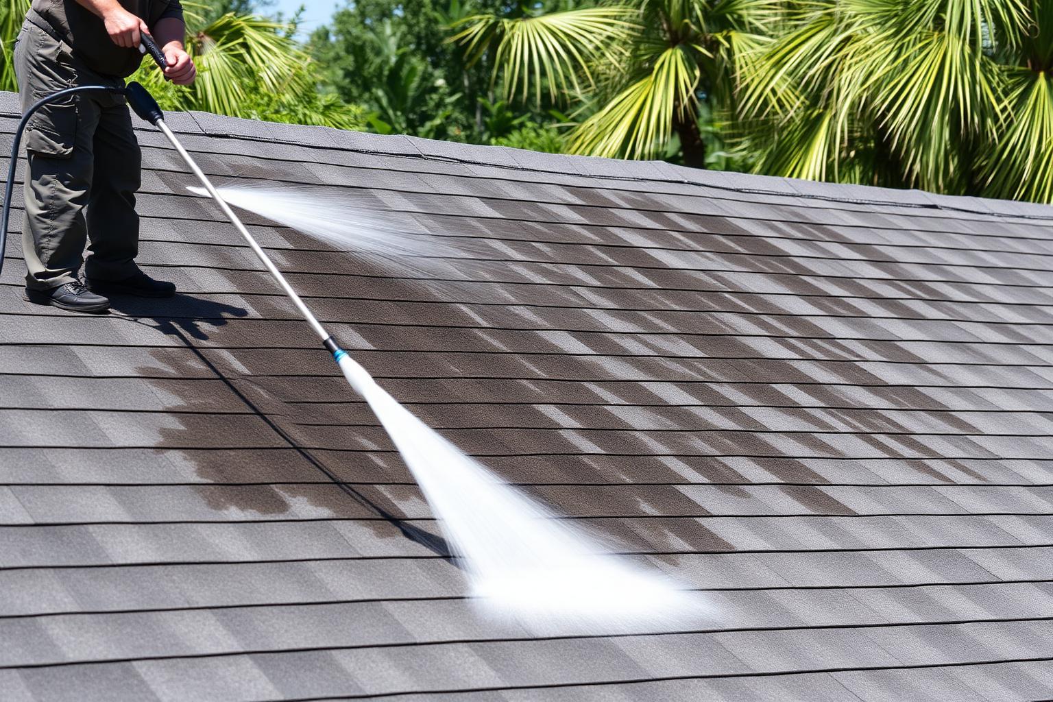 Technician soft washing a large commercial roof in Jacksonville, Florida